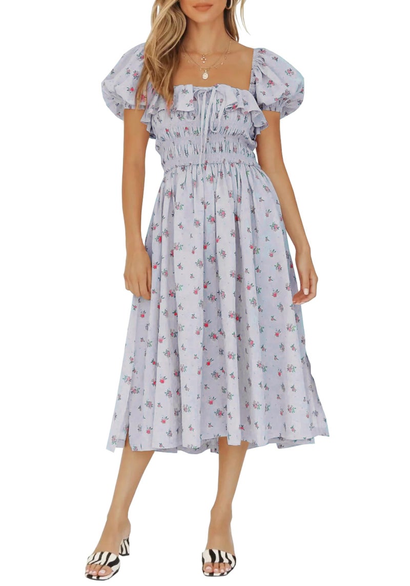 R.Vivimos Womens Summer Floral Print Puff Sleeves Vintage Ruffles Midi Dress (Medium, Gray) - Image 1